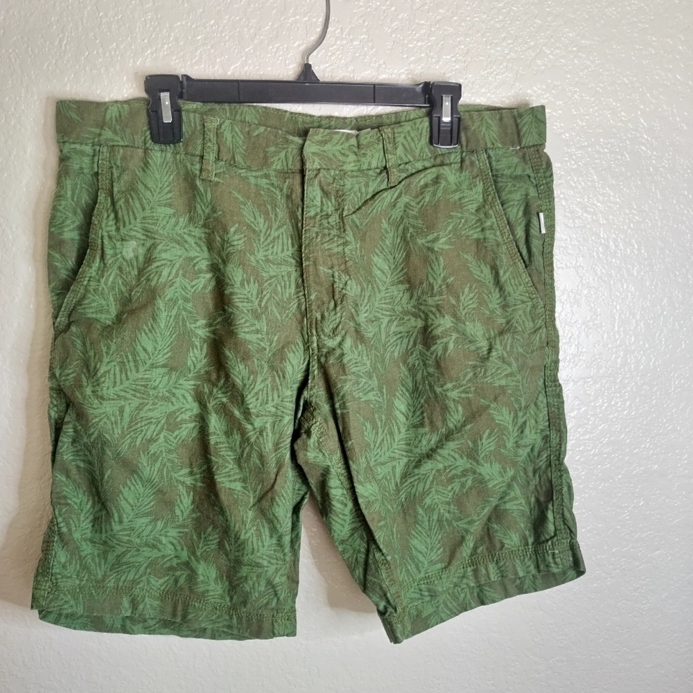 Onia Austin Shorts Cypress Green Chambray Palm Leaves Linen Cotton sz 34